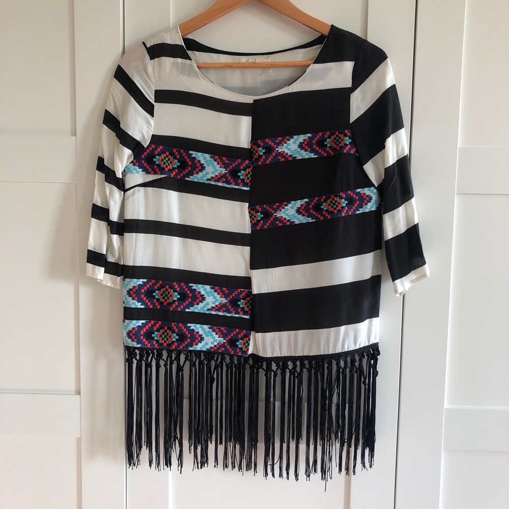 Anthropologie Embroidered Fringe Top